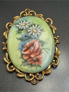 Vintage Hand Painted Floral Porcelain Brooch signed by Artist #173FF
